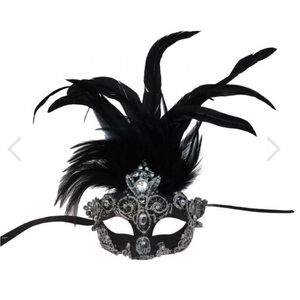 Elegant black lace masquerade mask w/ sparkling gems & tall black feather plume